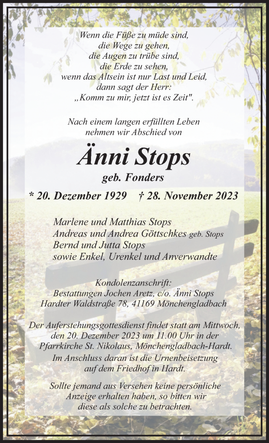 Traueranzeige von Änni Stops von trauer.extra-tipp-moenchengladbach.de