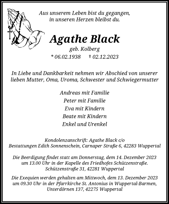 Traueranzeige von Agathe Black von trauer.wuppertaler-rundschau.de