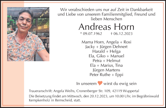 Traueranzeige von Andreas Horn von trauer.wuppertaler-rundschau.de