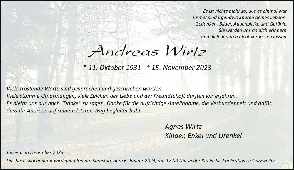  Traueranzeige für Andreas Wirtz vom 30.12.2023 aus trauer.stadt-kurier.de