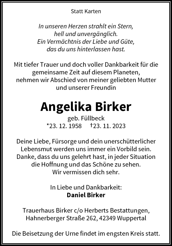Traueranzeige von Angelika Birker von trauer.wuppertaler-rundschau.de