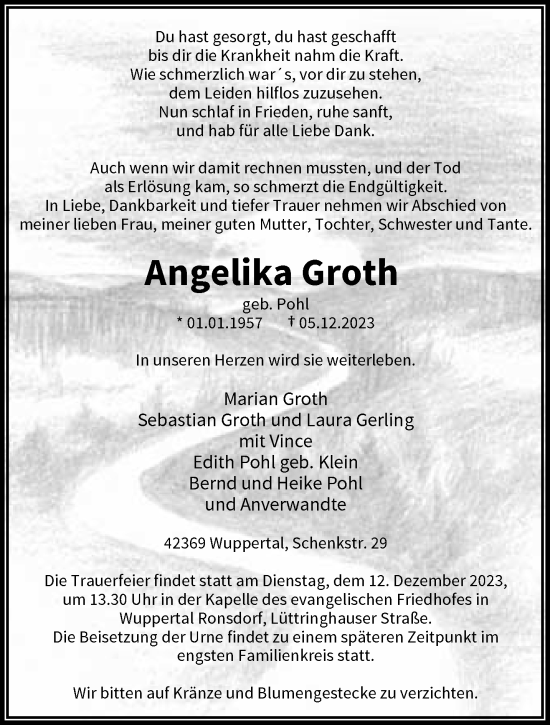 Traueranzeige von Angelika Groth von trauer.wuppertaler-rundschau.de