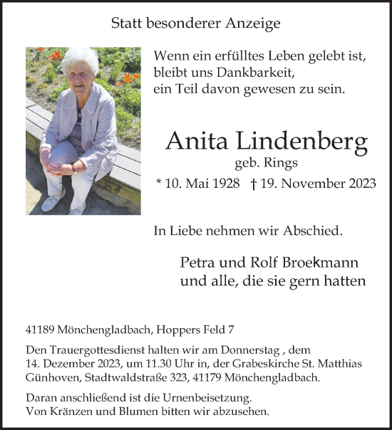 Traueranzeige von Anita Lindenberg von trauer.extra-tipp-moenchengladbach.de