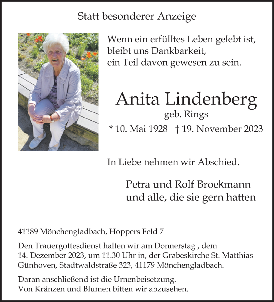  Traueranzeige für Anita Lindenberg vom 03.12.2023 aus trauer.extra-tipp-moenchengladbach.de