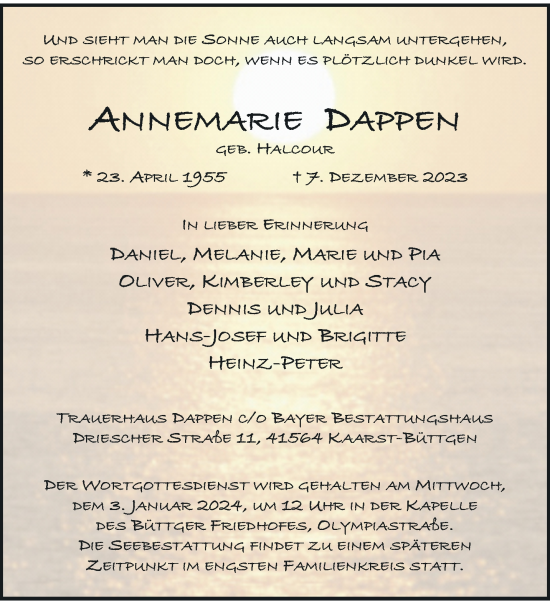 Traueranzeige von Annemarie Dappen von trauer.extra-tipp-moenchengladbach.de