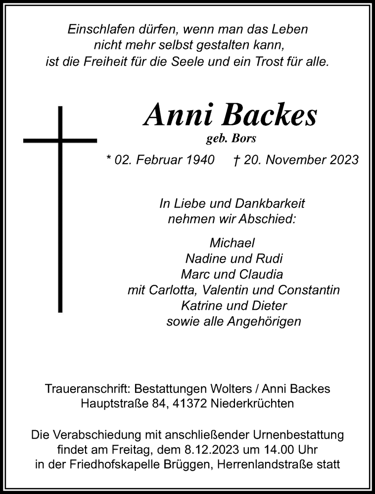  Traueranzeige für Anni Backes vom 03.12.2023 aus trauer.extra-tipp-moenchengladbach.de
