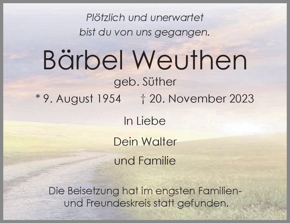  Traueranzeige für Bärbel Weuthen vom 10.12.2023 aus trauer.extra-tipp-moenchengladbach.de