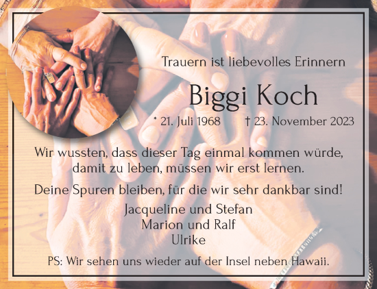 Traueranzeige von Biggi Koch von trauer.extra-tipp-moenchengladbach.de