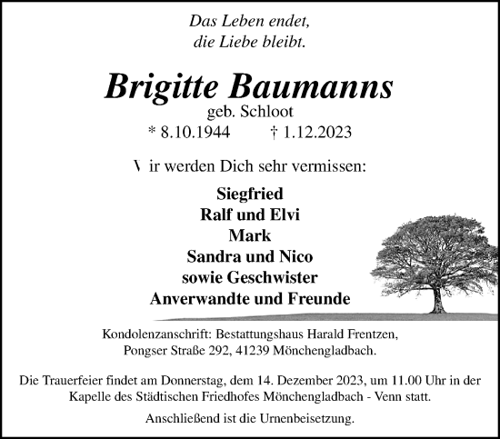 Traueranzeige von Brigitte Baumanns von trauer.extra-tipp-moenchengladbach.de