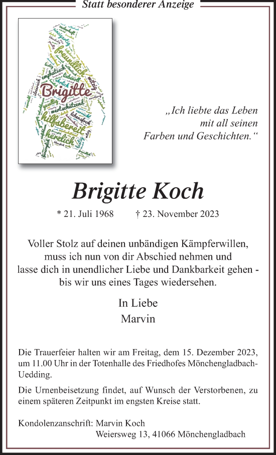 Traueranzeige von Brigitte Koch von trauer.extra-tipp-moenchengladbach.de