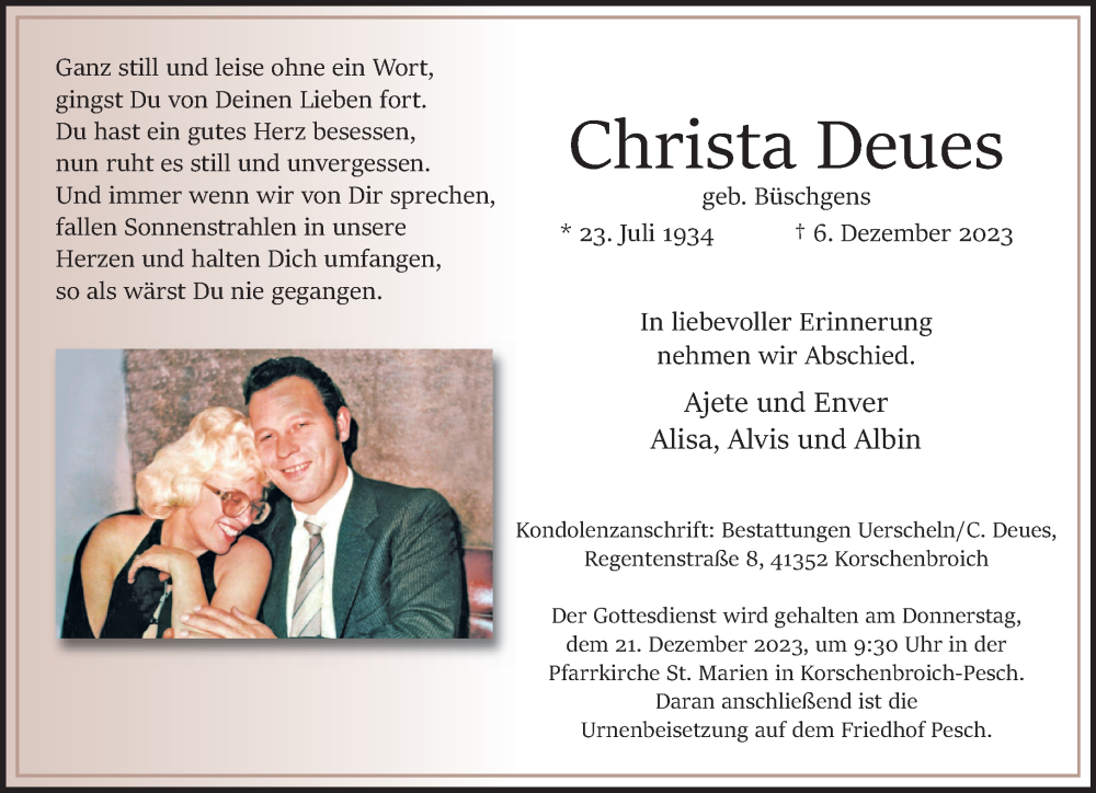  Traueranzeige für Christa Deues vom 17.12.2023 aus trauer.extra-tipp-moenchengladbach.de