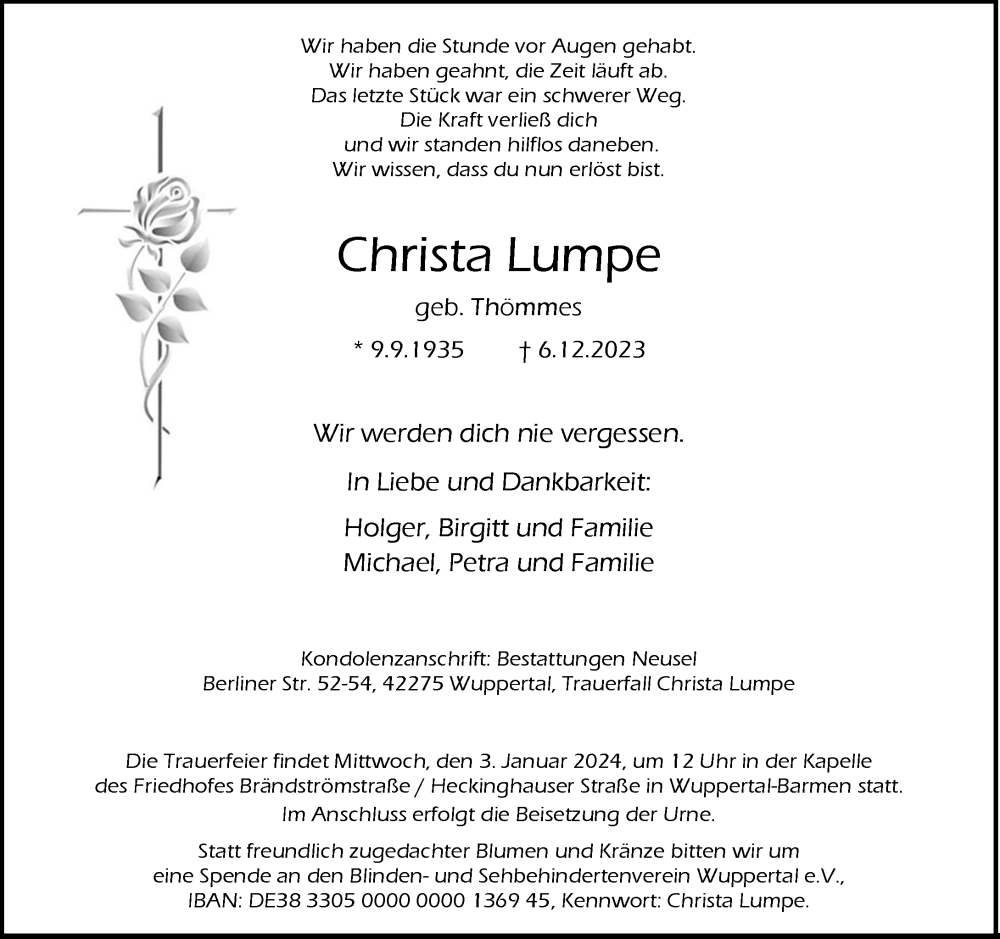  Traueranzeige für Christa Lumpe vom 16.12.2023 aus trauer.wuppertaler-rundschau.de