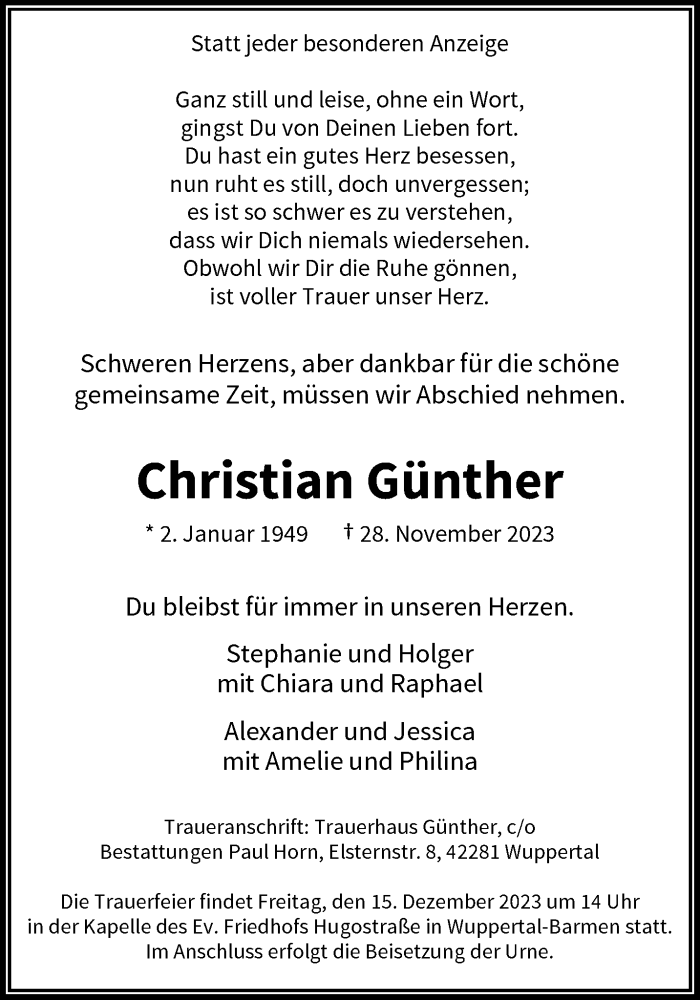  Traueranzeige für Christian Günther vom 09.12.2023 aus trauer.wuppertaler-rundschau.de