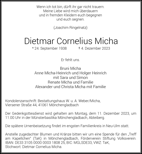 Traueranzeige von Dietmar Cornelius Micha von trauer.extra-tipp-moenchengladbach.de