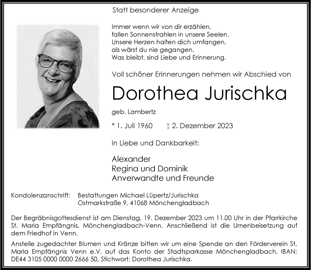  Traueranzeige für Dorothea Jurischka vom 10.12.2023 aus trauer.extra-tipp-moenchengladbach.de
