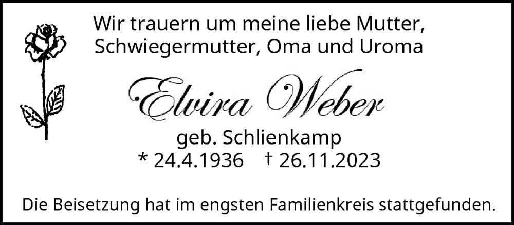 Traueranzeige für Elvira Weber vom 16.12.2023 aus trauer.wuppertaler-rundschau.de