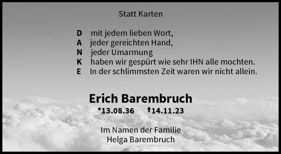 Traueranzeige von Erich Barembruch von trauer.wuppertaler-rundschau.de