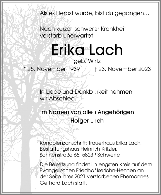 Traueranzeige von Erika Lach von trauer.extra-tipp-moenchengladbach.de