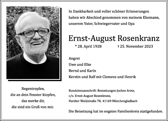 Traueranzeige von Ernst-August Rosenkranz von trauer.extra-tipp-moenchengladbach.de