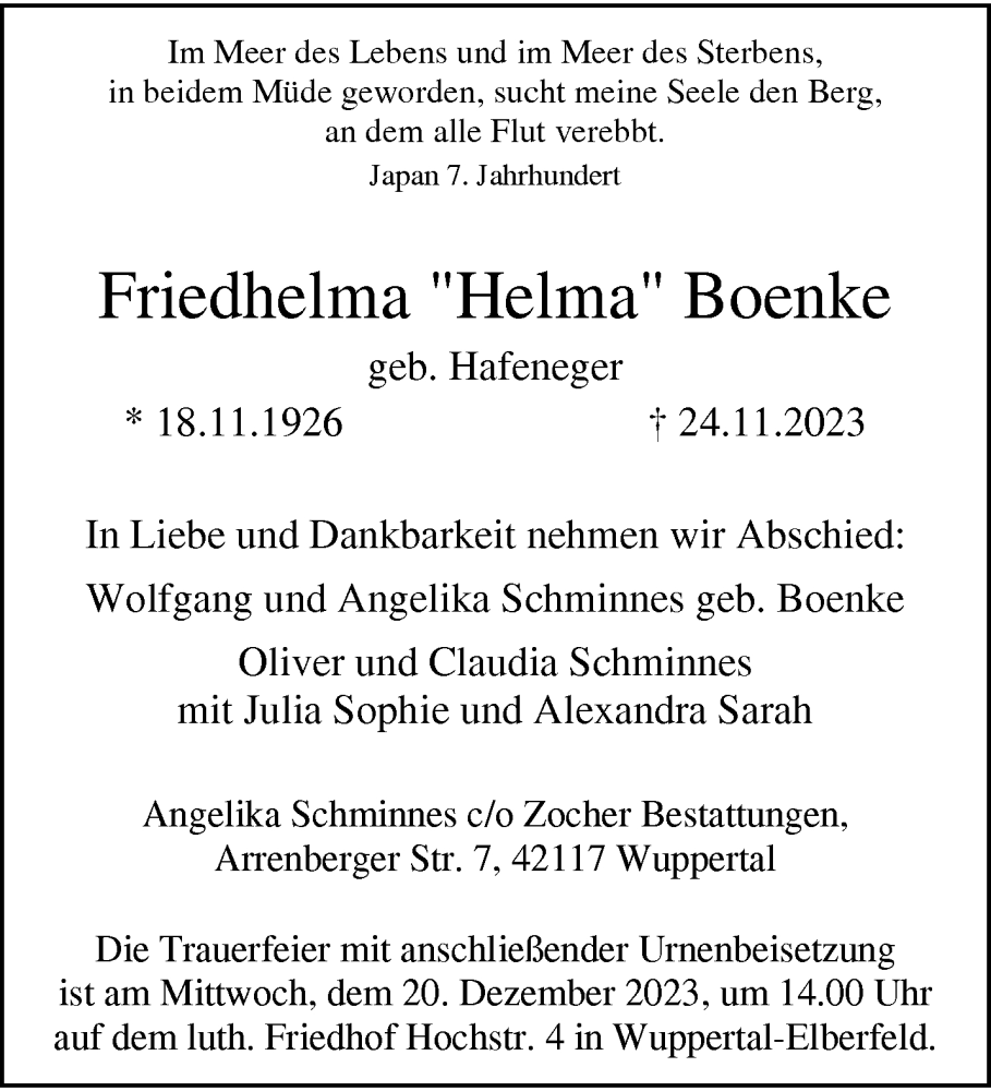  Traueranzeige für Friedhelma Boenke vom 16.12.2023 aus trauer.wuppertaler-rundschau.de