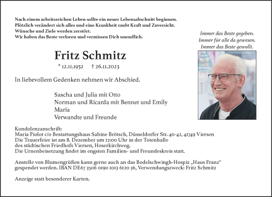 Traueranzeige von Fritz Schmitz von trauer.extra-tipp-moenchengladbach.de