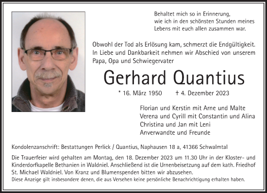 Traueranzeige von Gerhard Quantius von trauer.extra-tipp-moenchengladbach.de