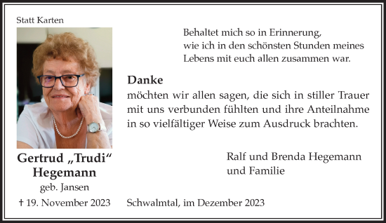 Traueranzeige von Gertrud Hegemann von trauer.extra-tipp-moenchengladbach.de