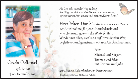 Traueranzeige von Gisela Oellnisch von trauer.extra-tipp-moenchengladbach.de