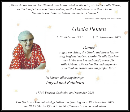 Traueranzeige von Gisela Peuten von trauer.extra-tipp-moenchengladbach.de