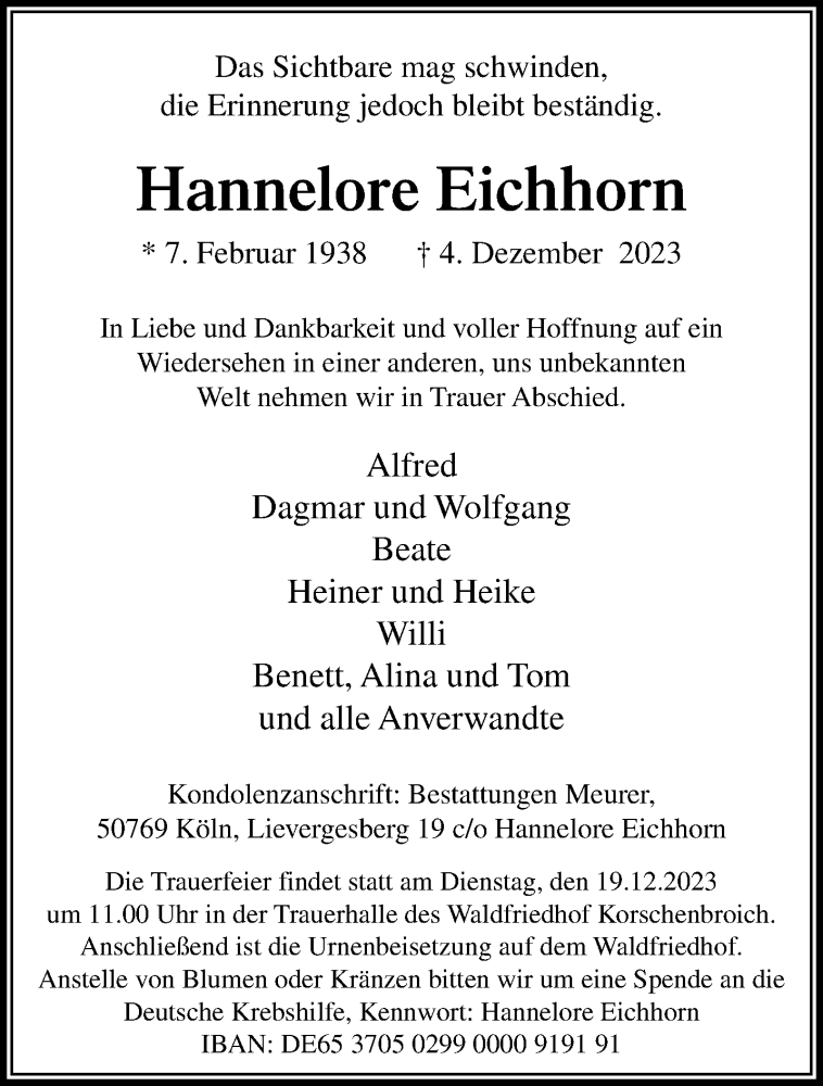  Traueranzeige für Hannelore Eichhorn vom 10.12.2023 aus trauer.extra-tipp-moenchengladbach.de