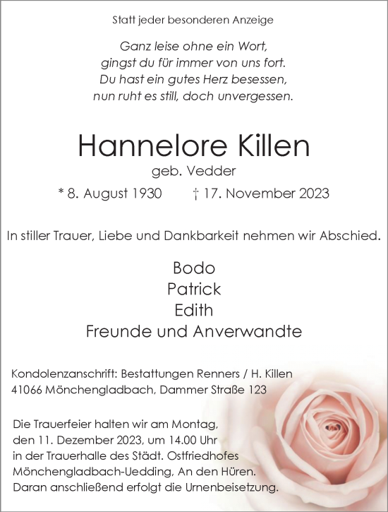 Traueranzeige von Hannelore Killen von trauer.extra-tipp-moenchengladbach.de