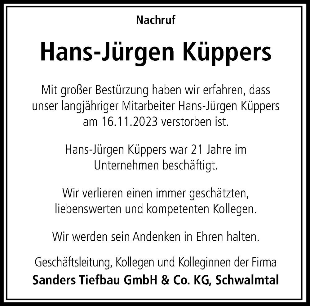  Traueranzeige für Hans-Jürgen Küppers vom 03.12.2023 aus trauer.extra-tipp-moenchengladbach.de