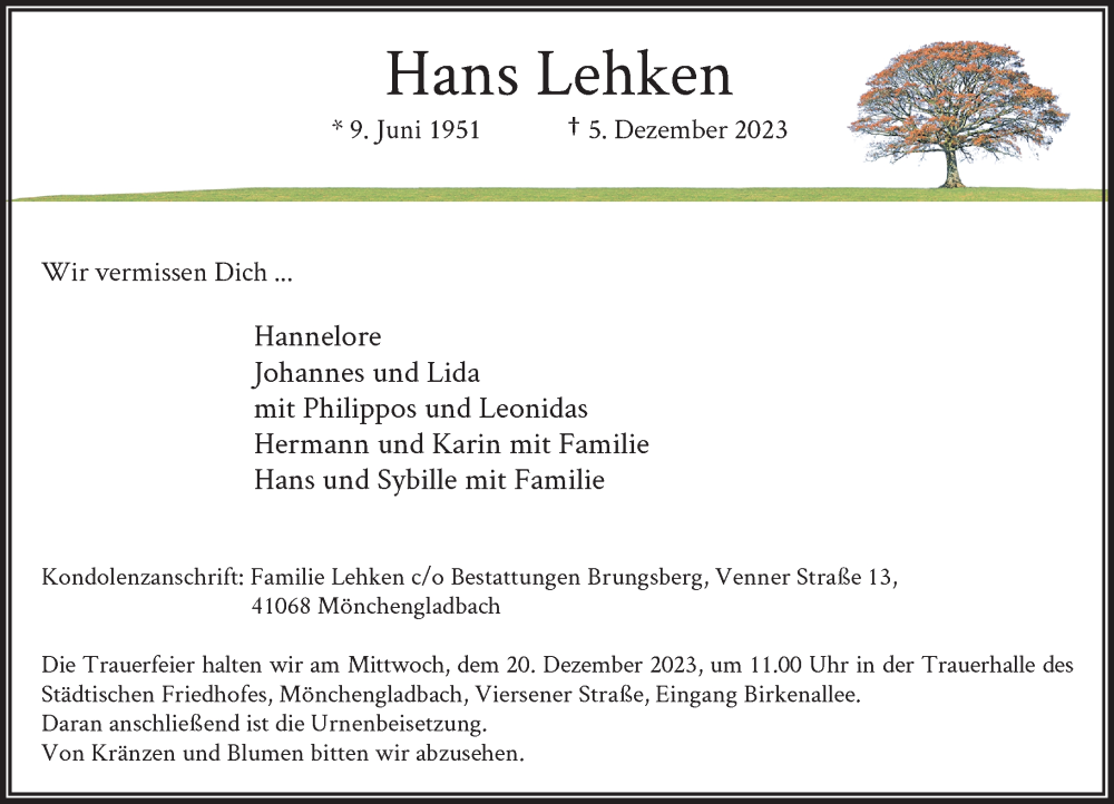  Traueranzeige für Hans Lehken vom 17.12.2023 aus trauer.extra-tipp-moenchengladbach.de