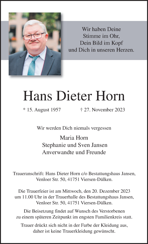  Traueranzeige für Hans Dieter Horn vom 17.12.2023 aus trauer.extra-tipp-moenchengladbach.de