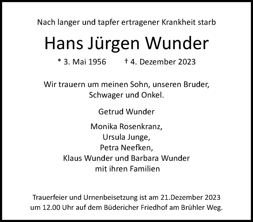  Traueranzeige für Hans Jürgen Wunder vom 17.12.2023 aus trauer.extra-tipp-moenchengladbach.de