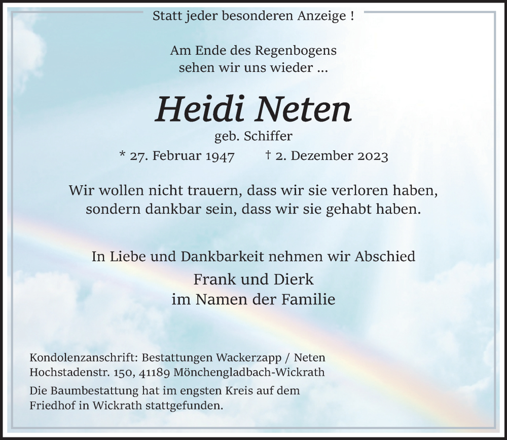  Traueranzeige für Heidi Neten vom 24.12.2023 aus trauer.extra-tipp-moenchengladbach.de