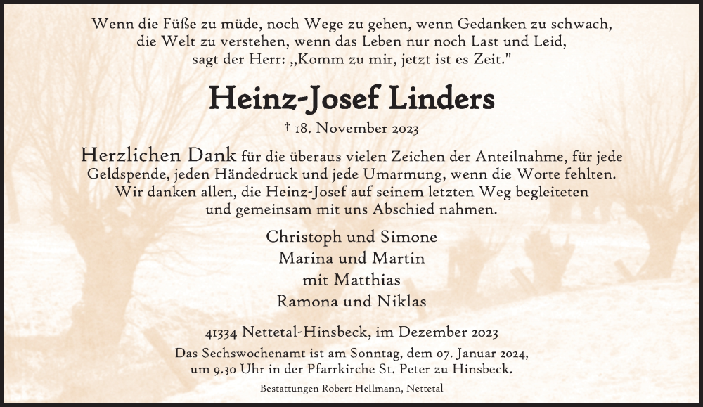  Traueranzeige für Heinz-Josef Linders vom 31.12.2023 aus trauer.extra-tipp-moenchengladbach.de