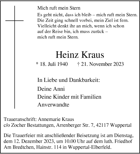 Traueranzeige von Heinz Kraus von trauer.wuppertaler-rundschau.de