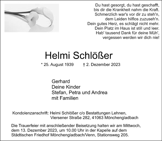 Traueranzeige von Helmi Schlößer von trauer.extra-tipp-moenchengladbach.de
