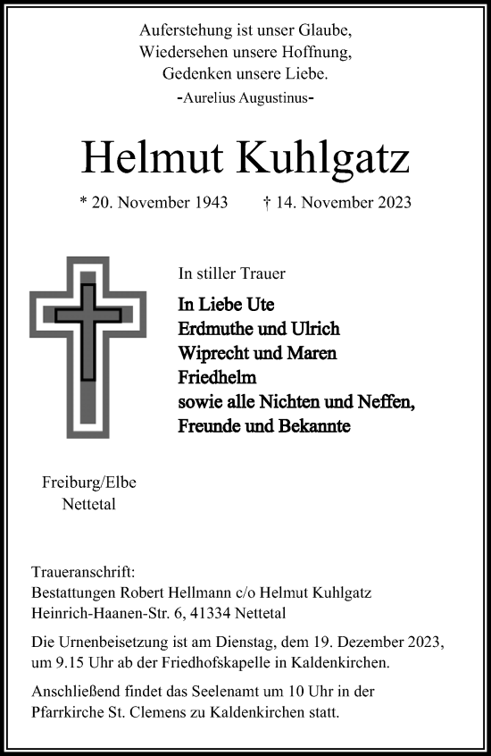 Traueranzeige von Helmut Kuhlgatz von trauer.extra-tipp-moenchengladbach.de