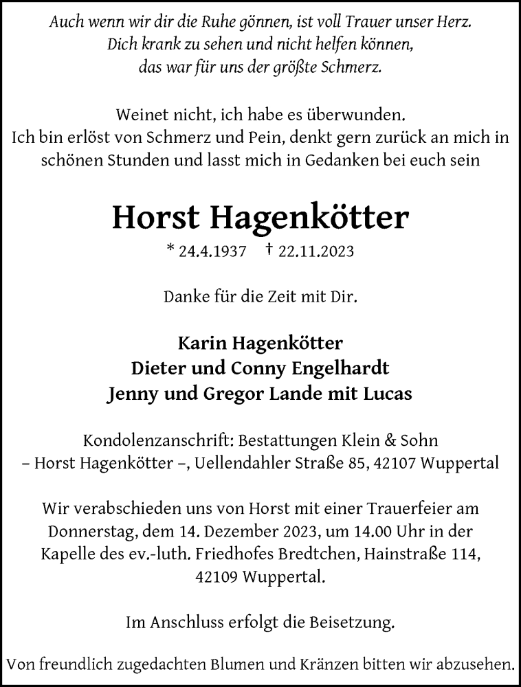  Traueranzeige für Horst Hagenkötter vom 09.12.2023 aus trauer.wuppertaler-rundschau.de