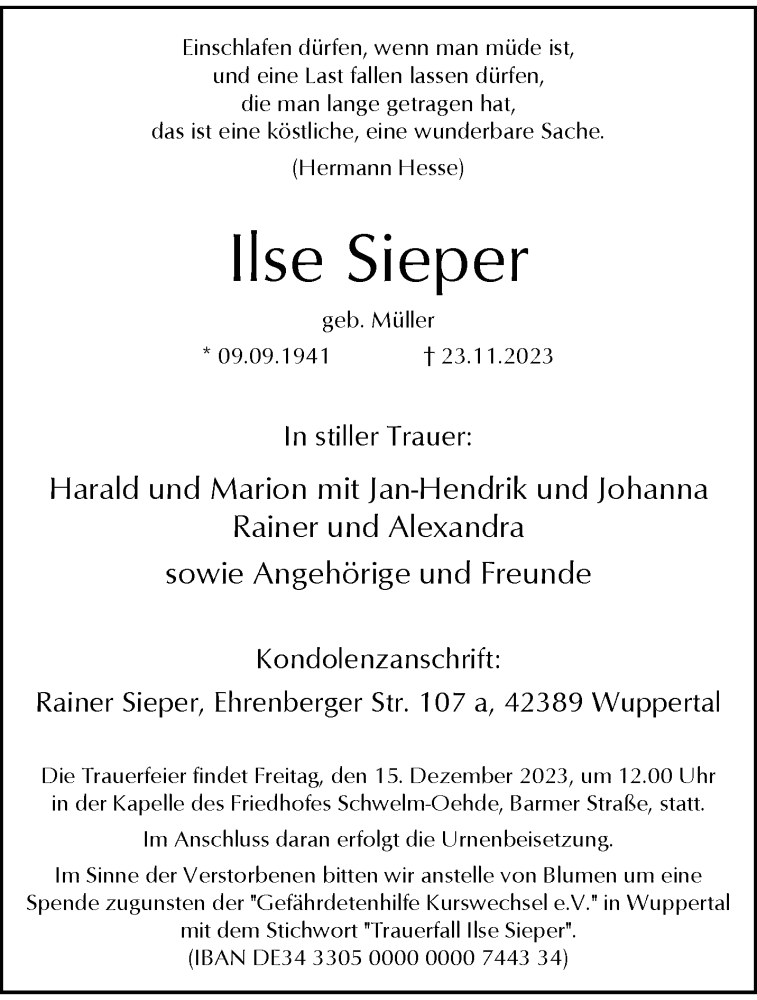  Traueranzeige für Ilse Sieper vom 09.12.2023 aus trauer.wuppertaler-rundschau.de