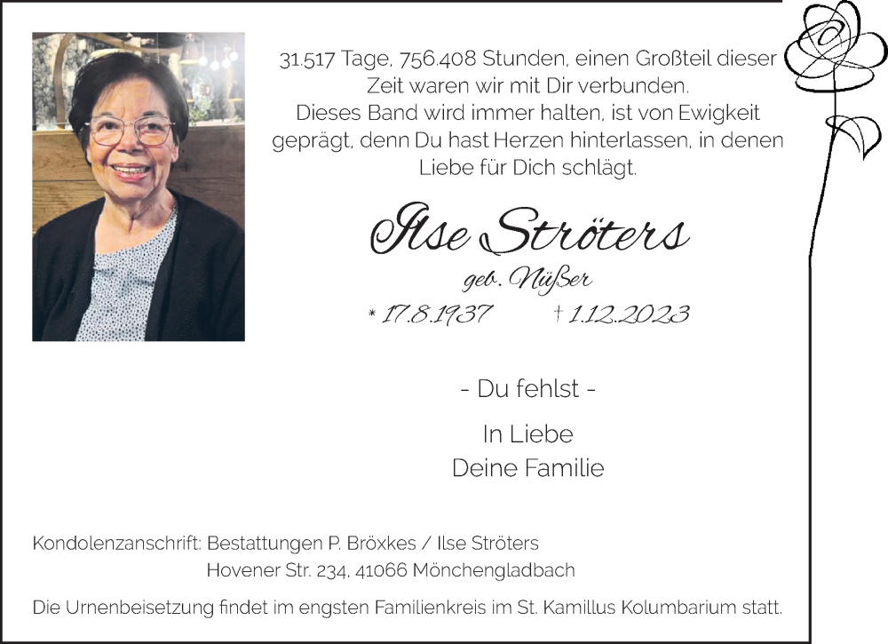  Traueranzeige für Ilse Ströters vom 17.12.2023 aus trauer.extra-tipp-moenchengladbach.de