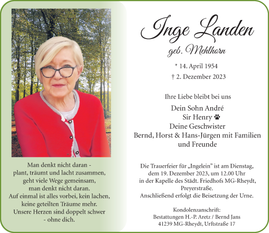 Traueranzeige von Inge Landen von trauer.extra-tipp-moenchengladbach.de