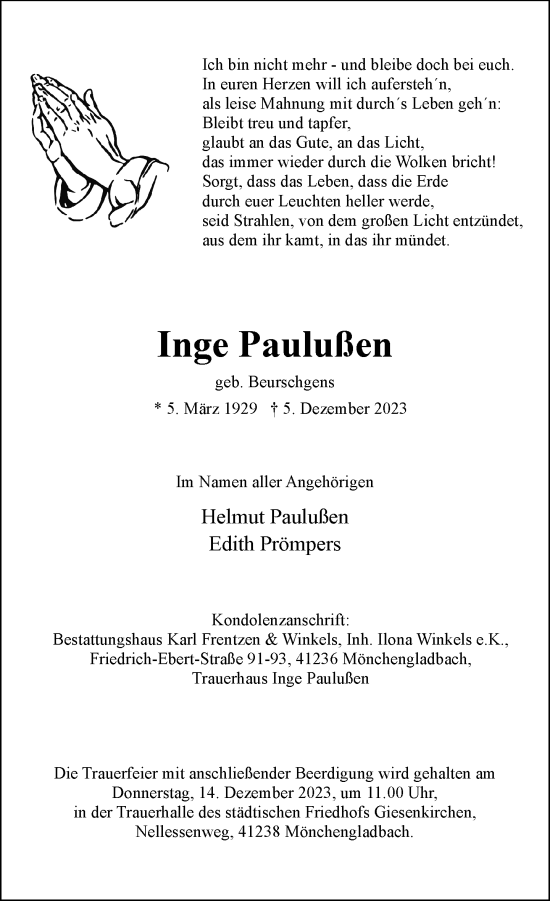 Traueranzeige von Inge Paulußen von trauer.extra-tipp-moenchengladbach.de