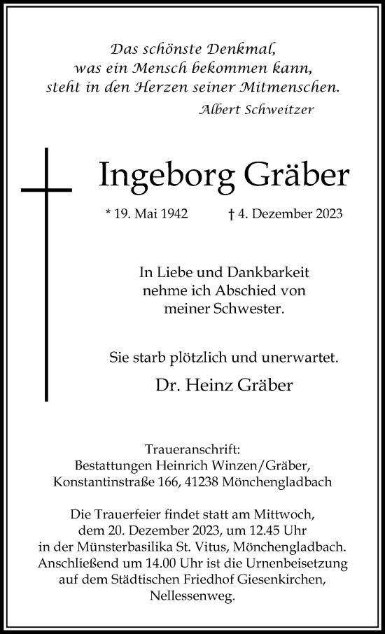 Traueranzeige von Ingeborg Gräber von trauer.extra-tipp-moenchengladbach.de