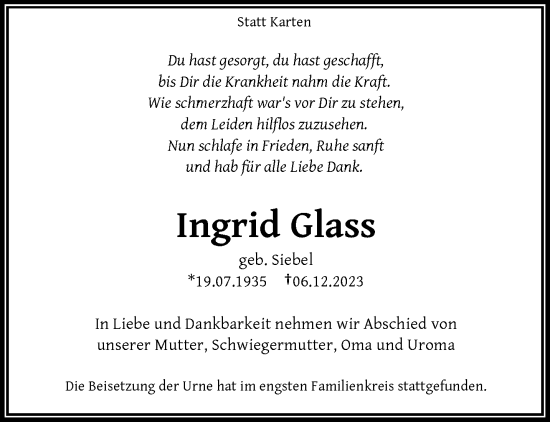 Traueranzeige von Ingrid Glass von trauer.wuppertaler-rundschau.de