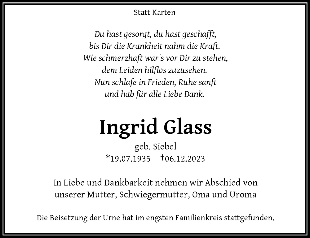  Traueranzeige für Ingrid Glass vom 30.12.2023 aus trauer.wuppertaler-rundschau.de