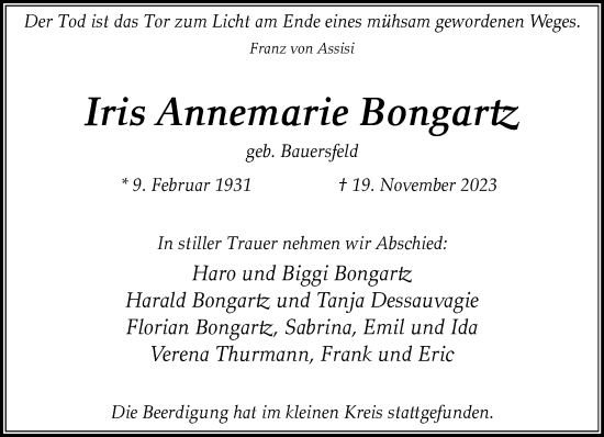 Traueranzeige von Iris Annemarie Bongartz von trauer.extra-tipp-moenchengladbach.de