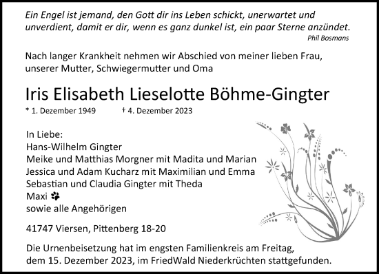 Traueranzeige von Iris Elisabeth Lieselotte Böhme-Gingter von trauer.extra-tipp-moenchengladbach.de